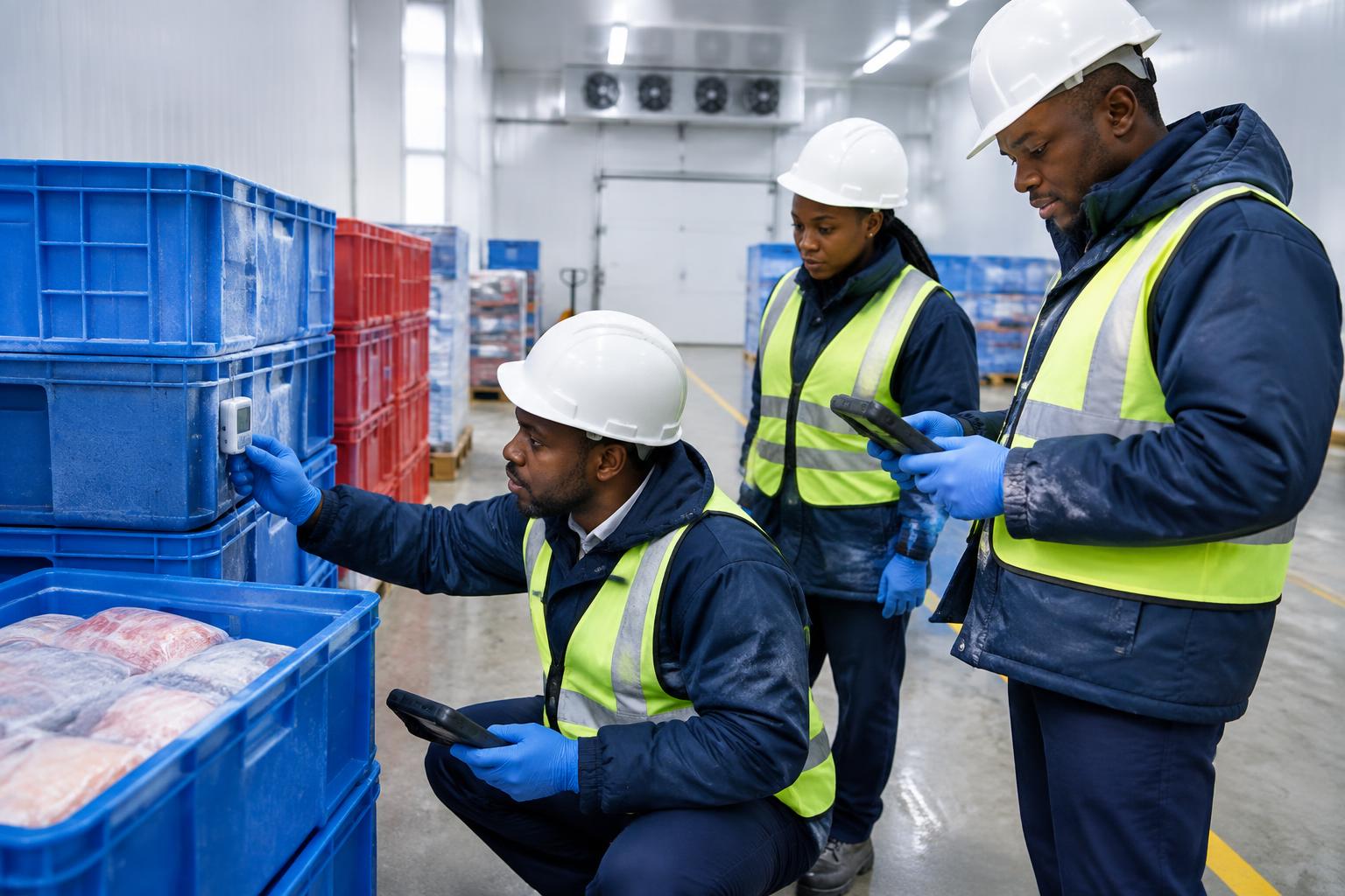 Techniciens congolais contrôlant les capteurs de la chaîne du froid