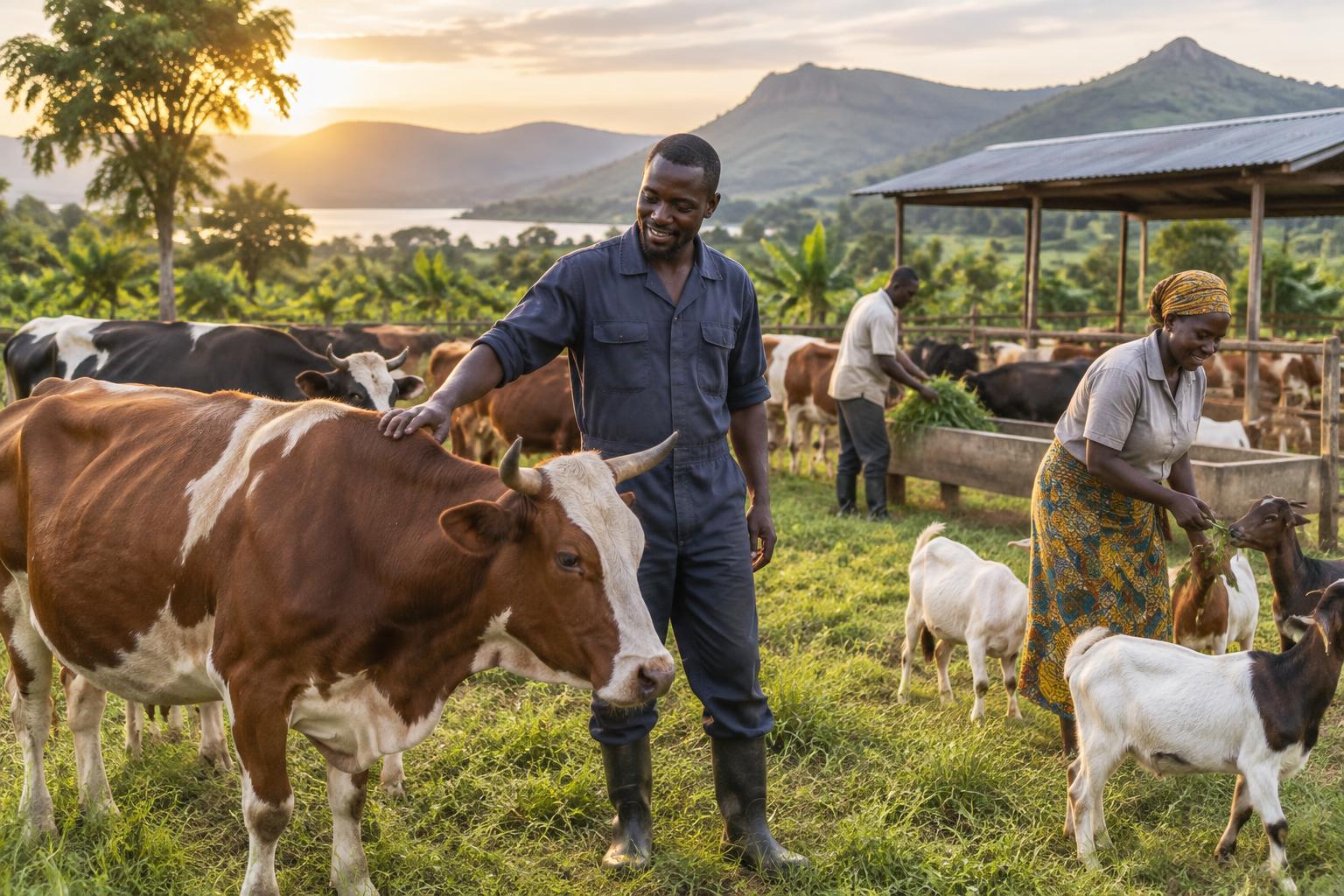 Éleveurs congolais auprès de bovins et de caprins dans une ferme partenaire