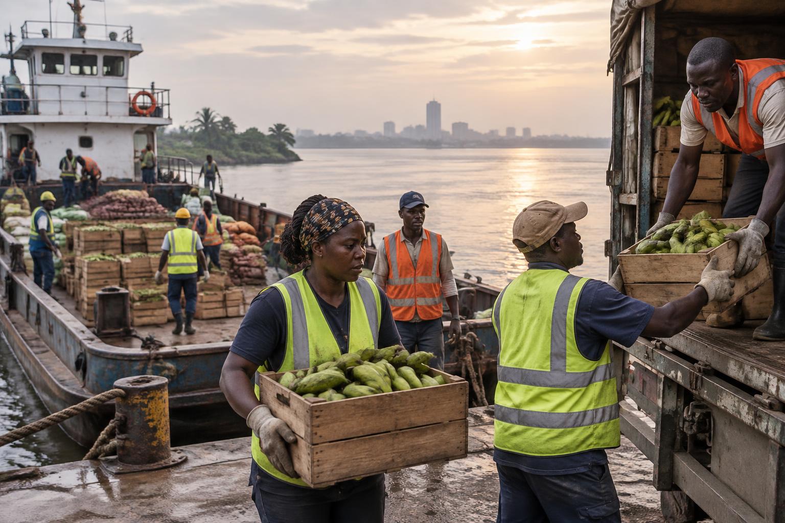 Équipe congolaise transférant des produits agricoles entre une barge et un camion